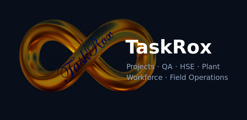TaskRox Android feature graphic showing TaskRox for projects, QA, HSE, plant, workforce and field operations.