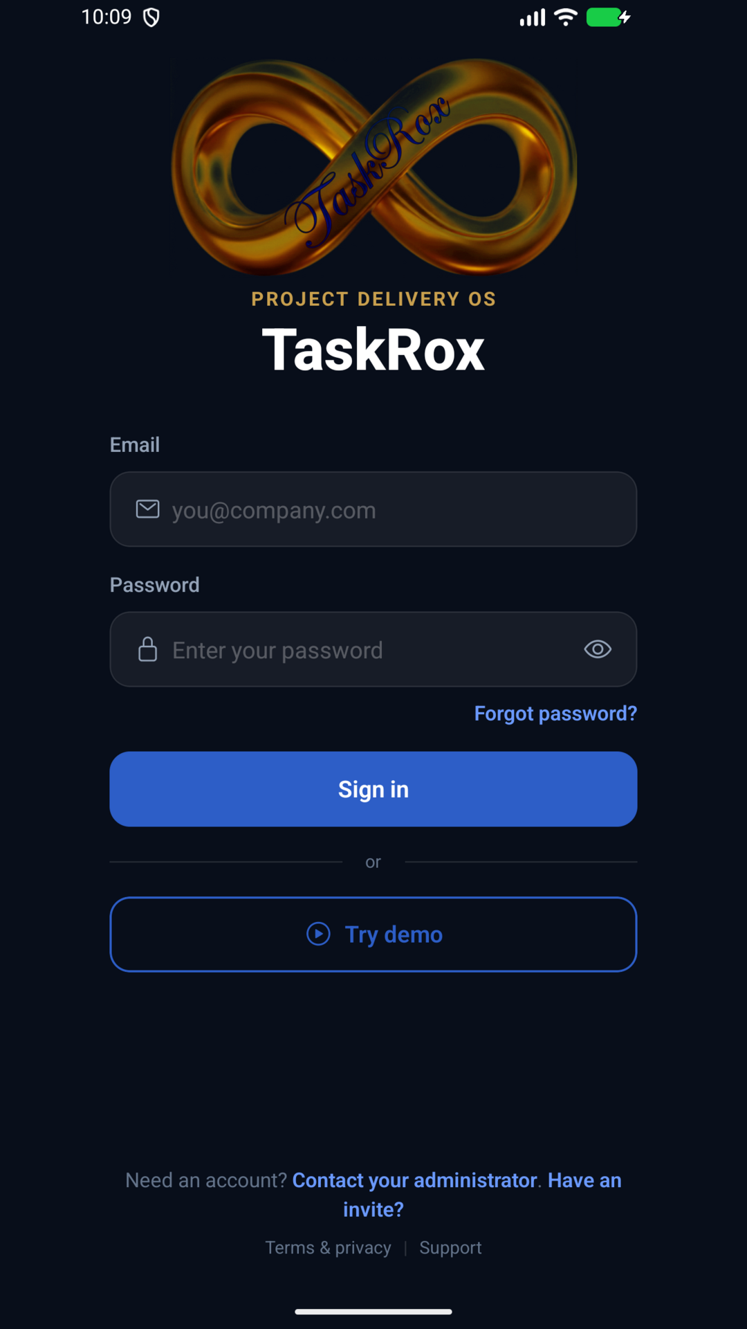 TaskRox Android sign-in screen with email, password, sign in and try demo controls.