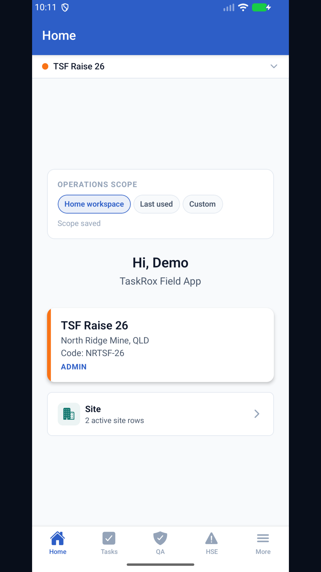 TaskRox Android home screen showing the active project, workspace scope, a task summary card, and site access.