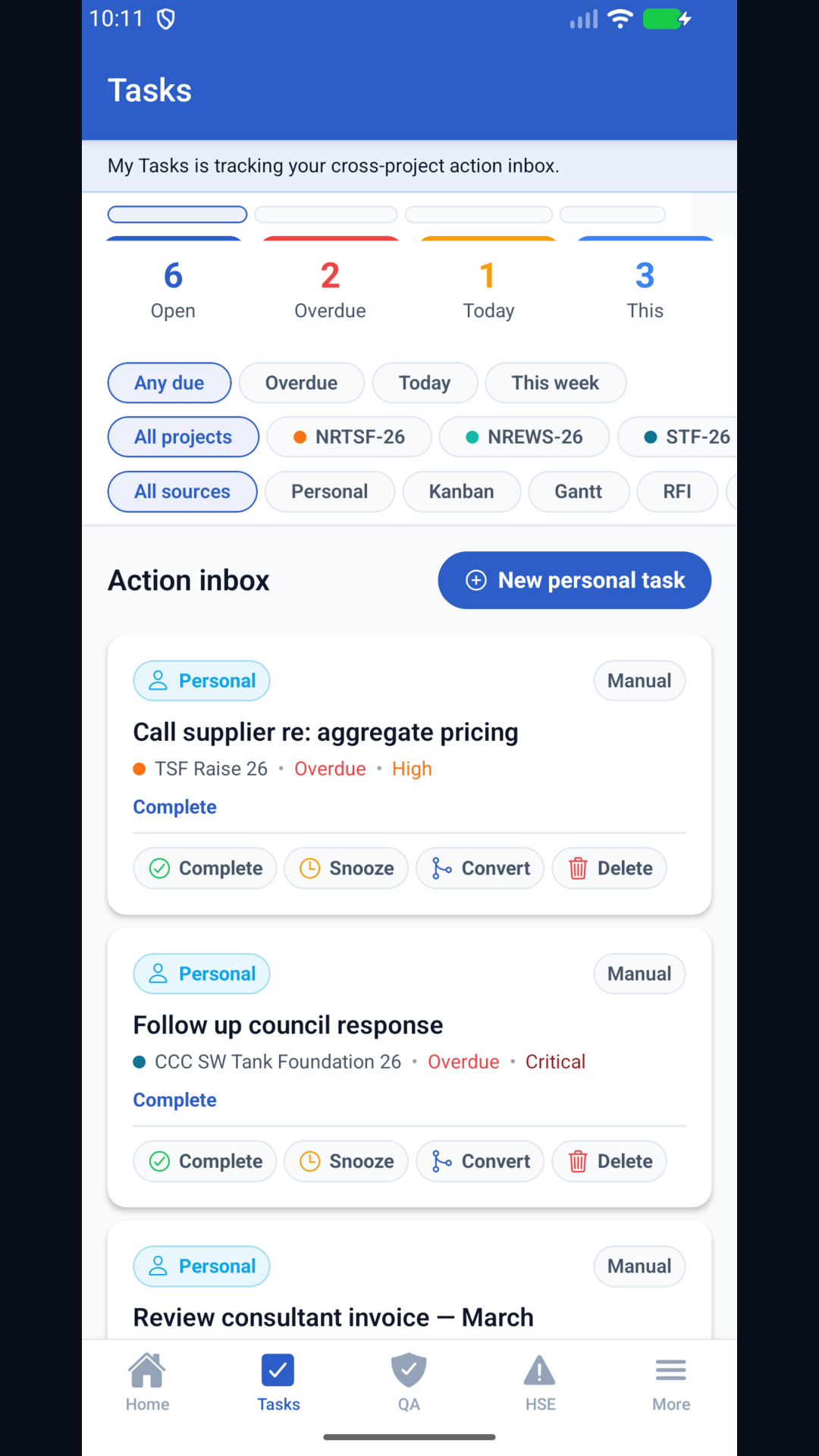 TaskRox Android action inbox showing field task counts and records.