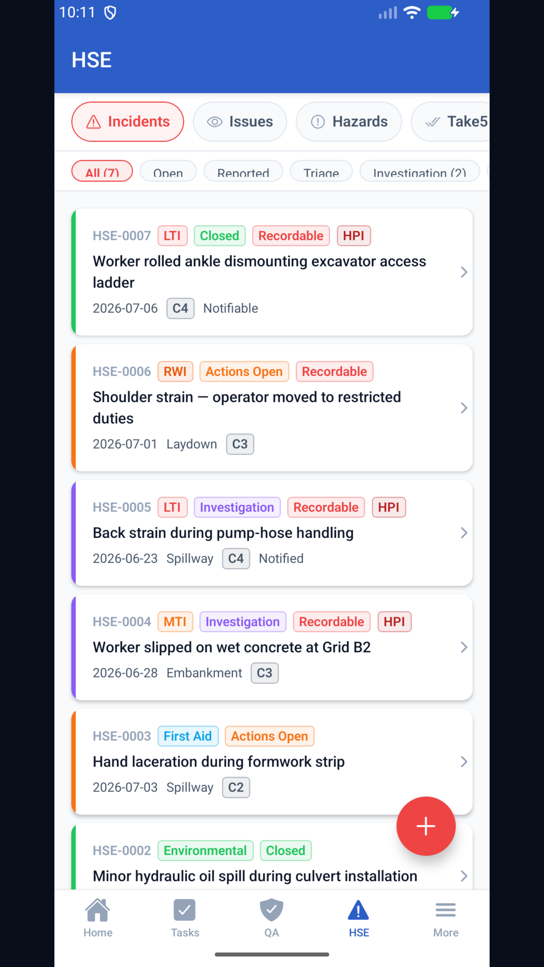 TaskRox Android HSE screen showing incident, issue, hazard and task filters with field safety items.