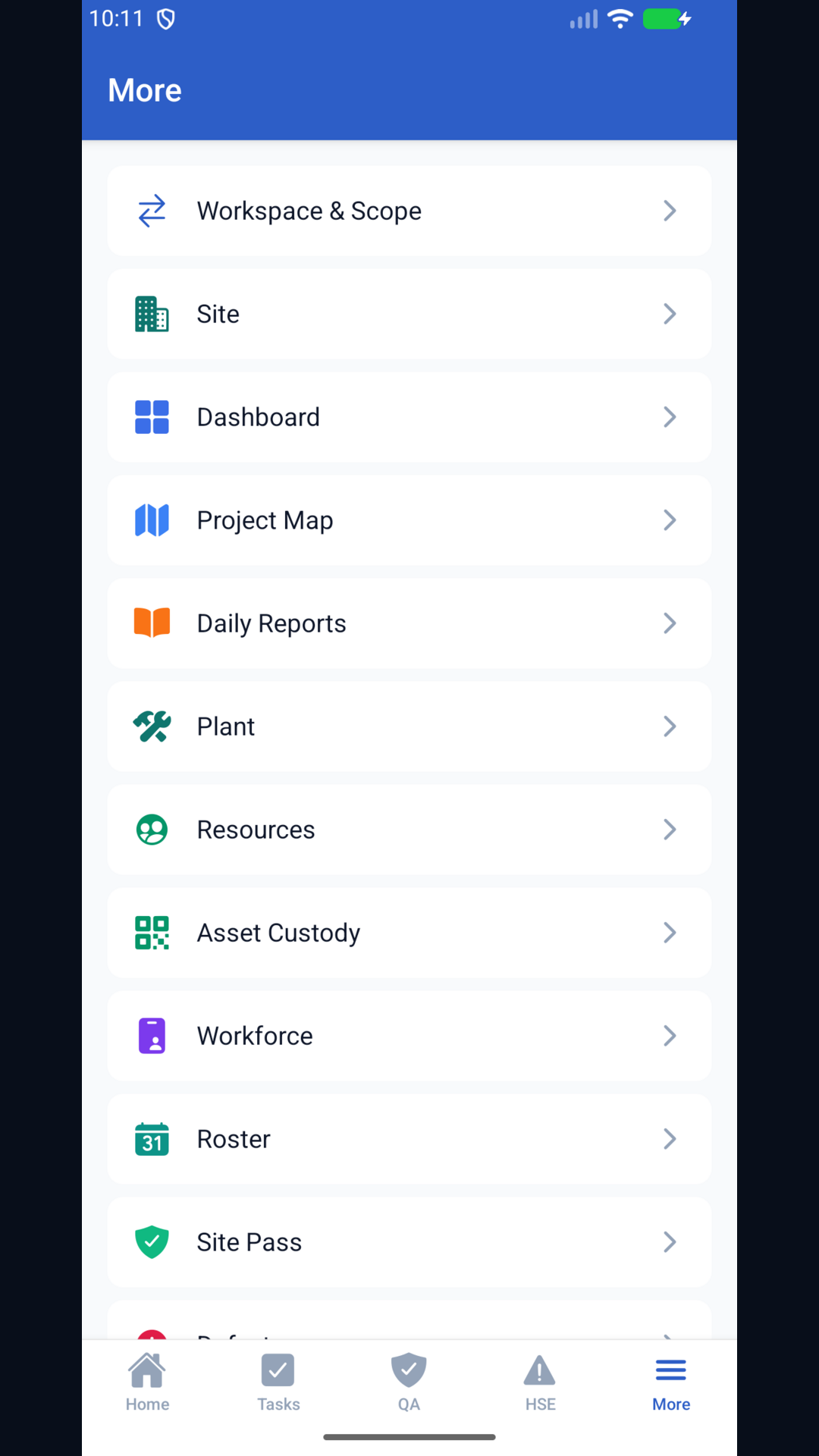 TaskRox Android more screen showing workspace and scope, site, dashboard, project map, daily reports, plant, resources, asset custody, workforce, roster and site pass modules.