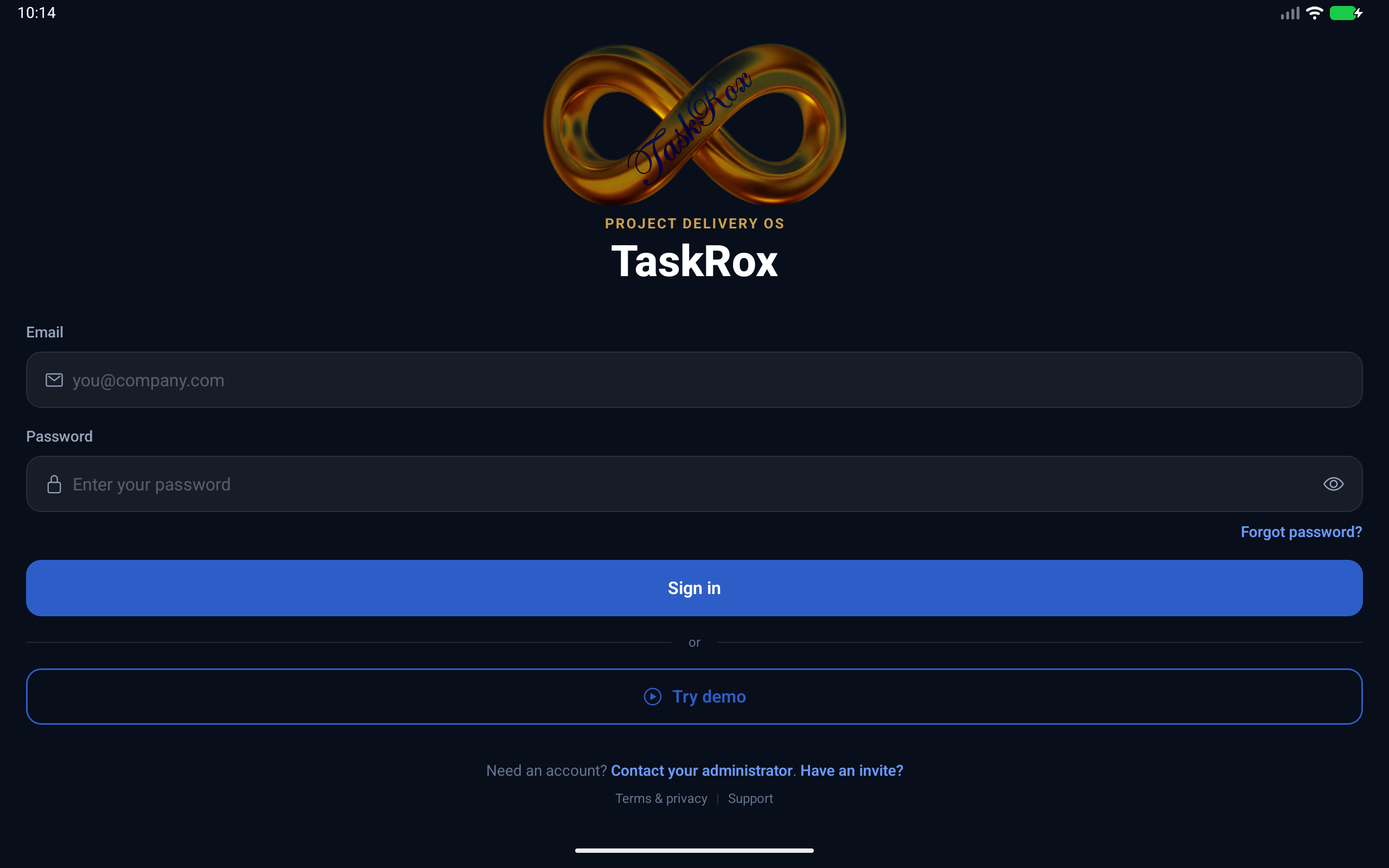 TaskRox Android tablet sign-in screen with email, password, sign in and try demo controls.