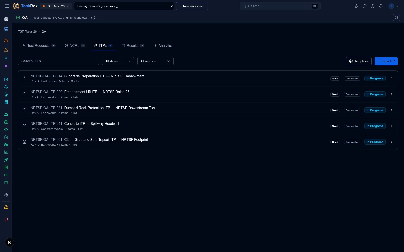 Current TaskRox ITP register showing civil work packages, revisions, item counts, lots and status