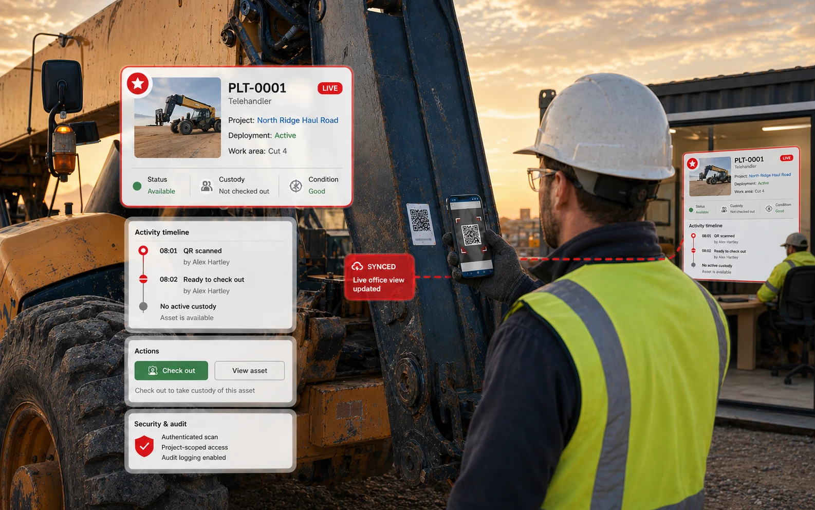 Field worker scanning a QR code on a project asset with Android phone while custody status panels show checkout, check-in, current custodian and audit trail context