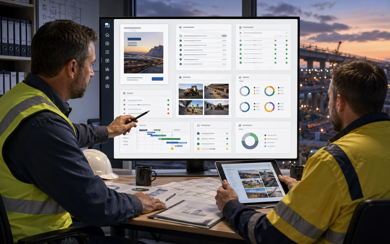 Project completion site office with closeout dashboard panels for report builder, lessons learnt, readiness checklist, handover evidence, follow-on actions and archive status