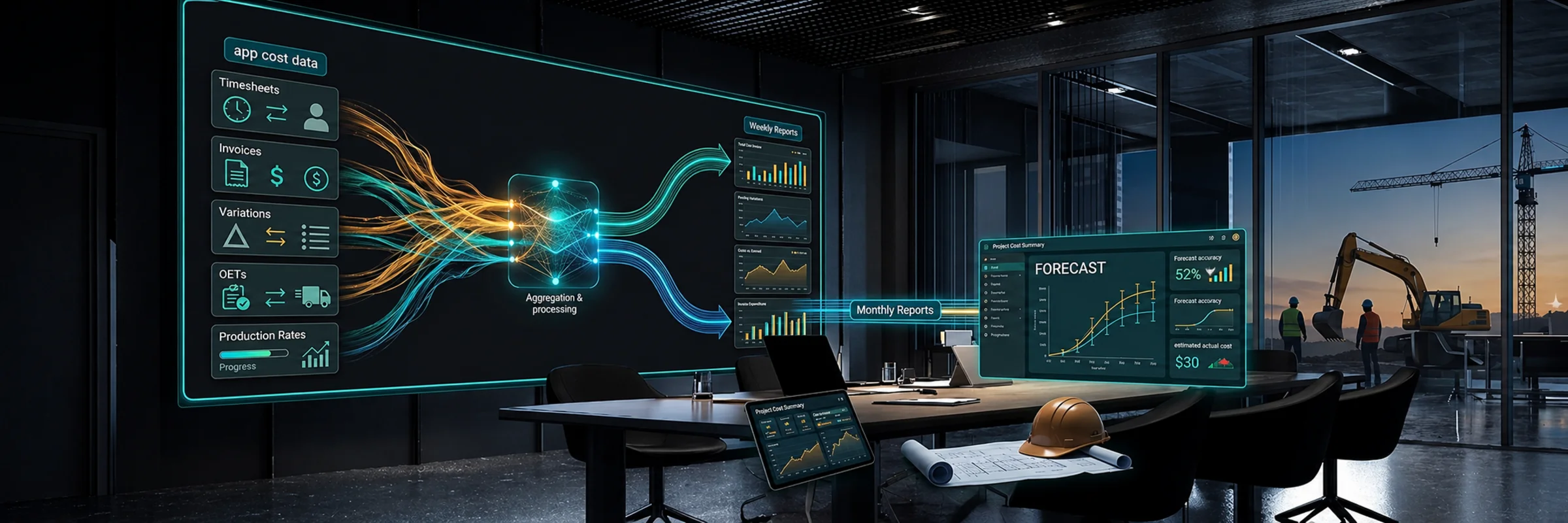 Executive boardroom with large display showing data aggregation from project cost data, timesheets and production metrics into forecast charts and monthly report outputs, construction site visible through window