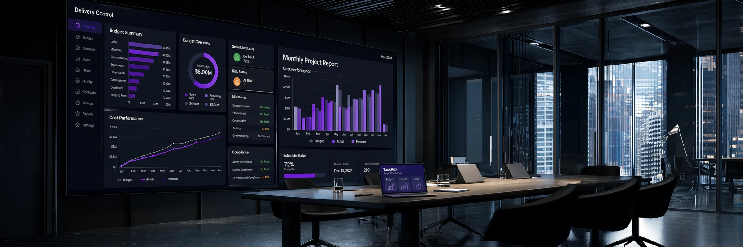 Live data to boardroom flow: dark software dashboard panels with budget cards, progress bars and cost graphs streaming through purple data lines into a polished presentation screen with executive charts, summary tables and report output