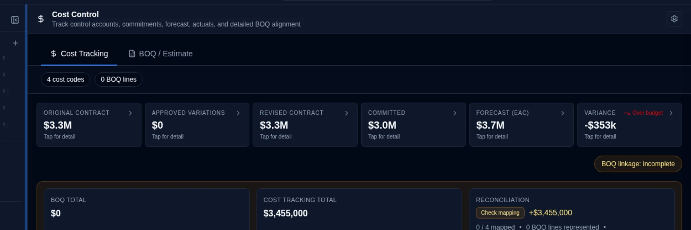 Cost Control module showing Cost Tracking tab with summary cards for original contract, approved variations, revised contract, committed, forecast EAC and variance, plus cost codes table with budget, committed, forecast and actual columns