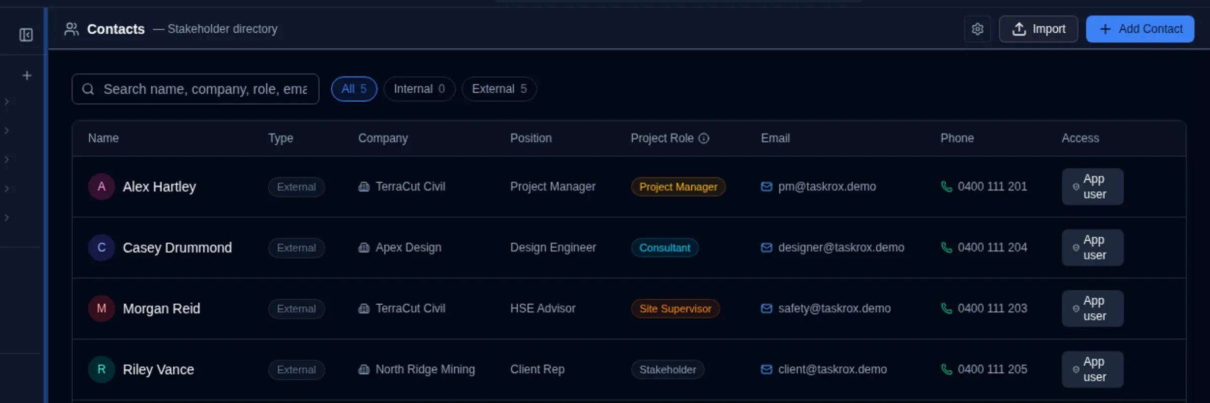 Contacts module showing stakeholder directory with name, type, company, position, project role badges for project manager, consultant, site supervisor and stakeholder, email, phone and access columns
