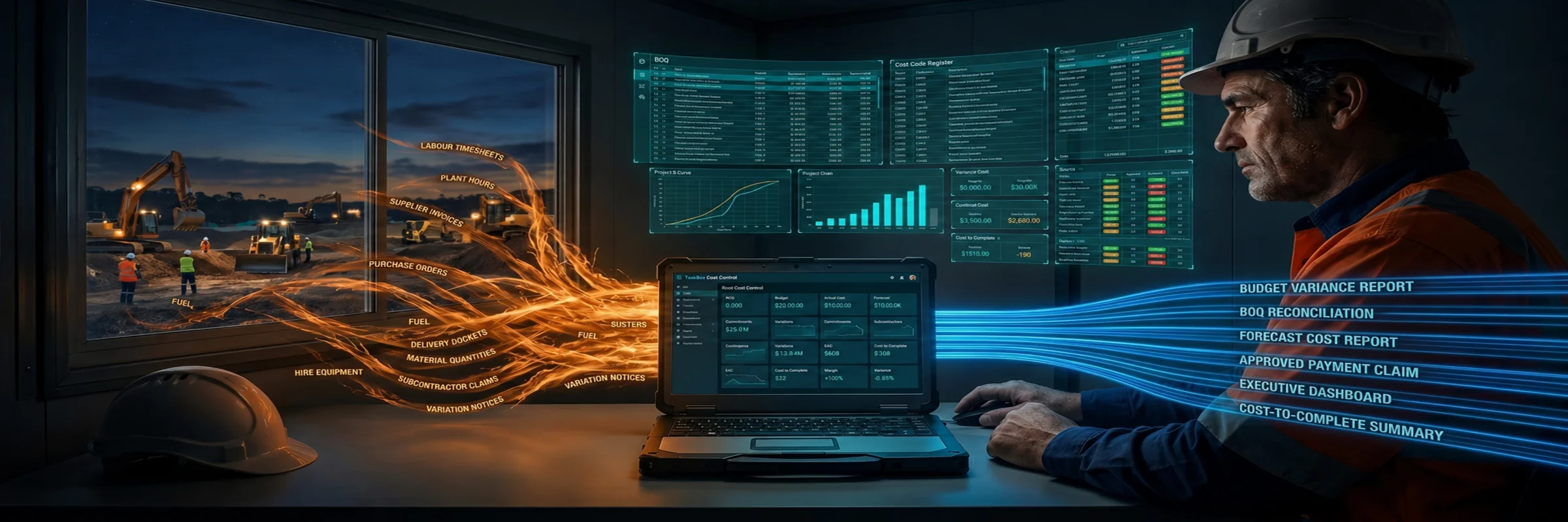 Site office scene with project manager reviewing dashboard on laptop, construction site visible through window, budget variance and cost reports flowing from live data screens to executive summary outputs