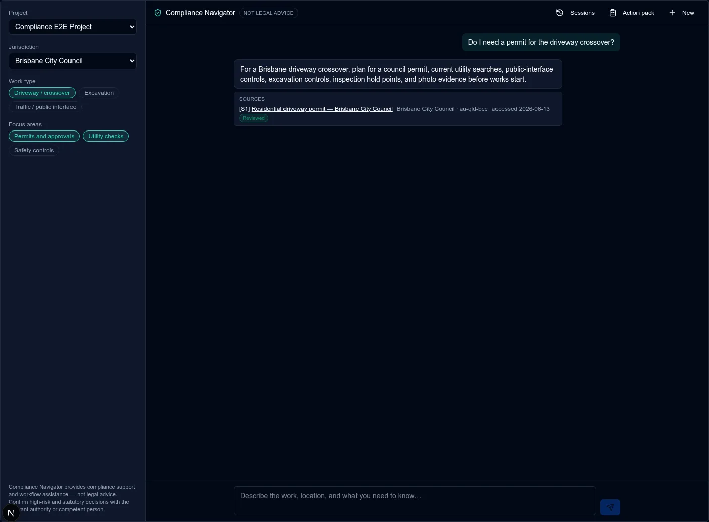 Current TaskRox Compliance Navigator answer showing reviewed source citations, source dates and compliance-support language