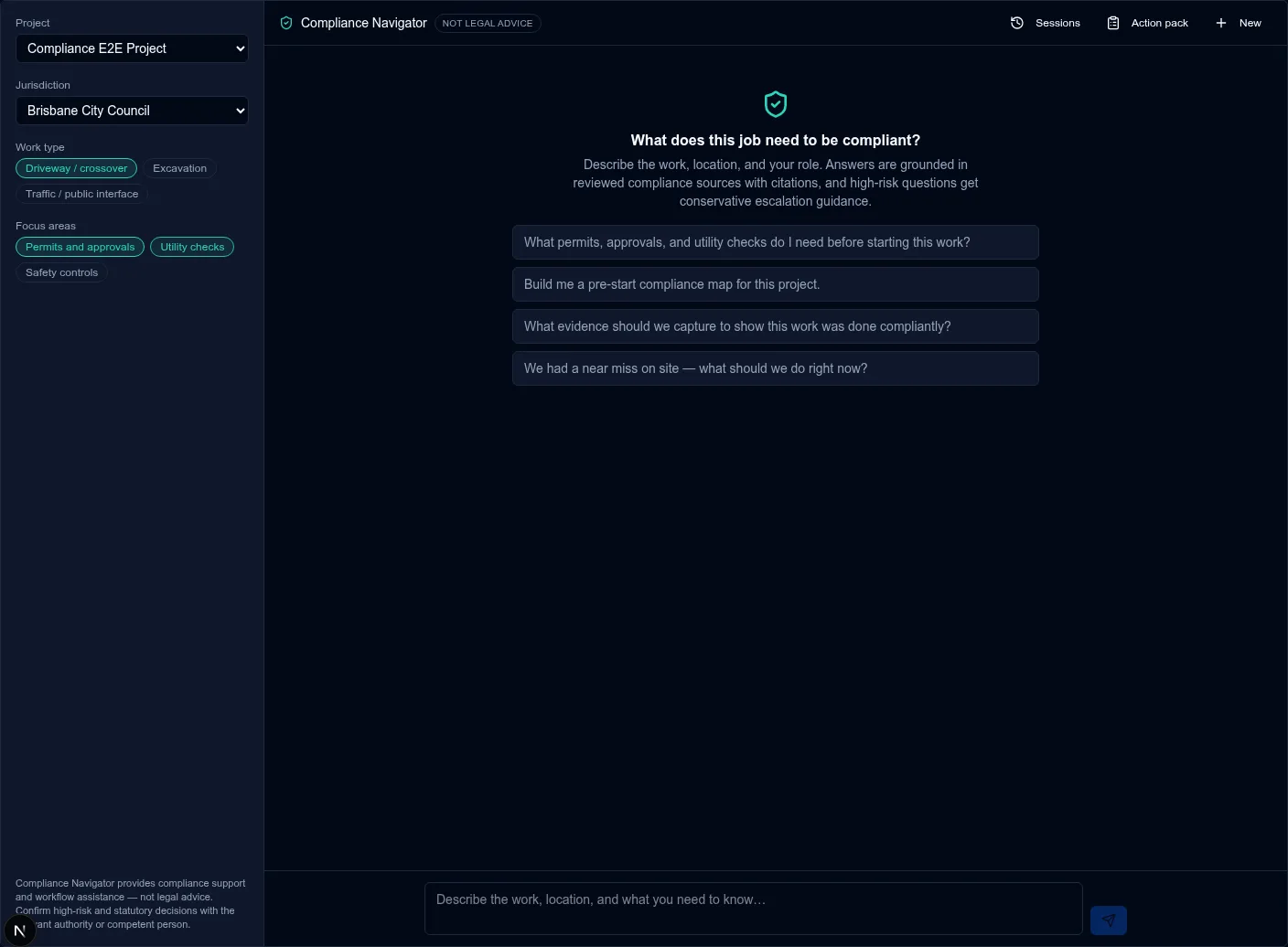 Current TaskRox Compliance Navigator context builder showing project, jurisdiction, work type and focus-area selections for a Brisbane driveway crossover question