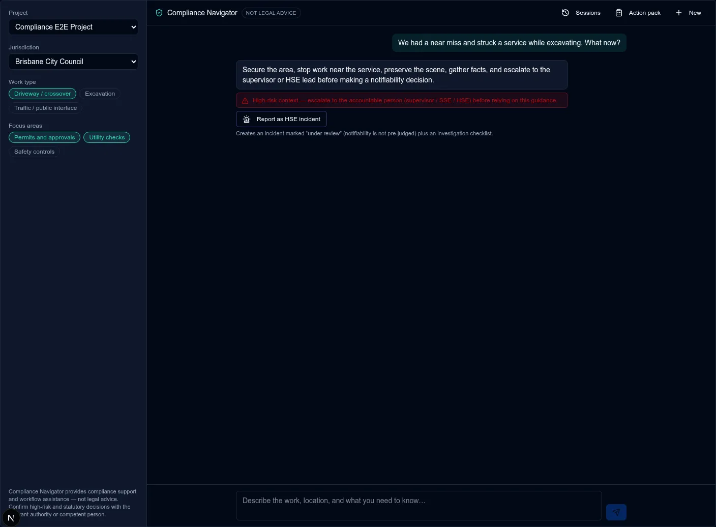Current TaskRox Compliance Navigator triage answer showing escalation guidance and the Report as HSE incident action