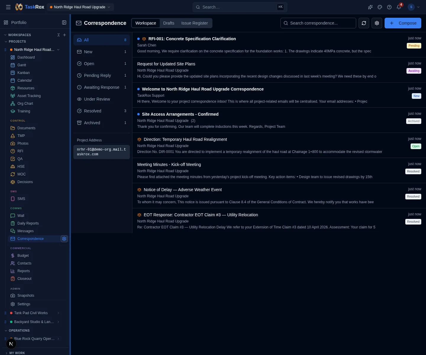 Current TaskRox Correspondence workspace showing status folders, project address, draft and issue register tabs, search and compose controls