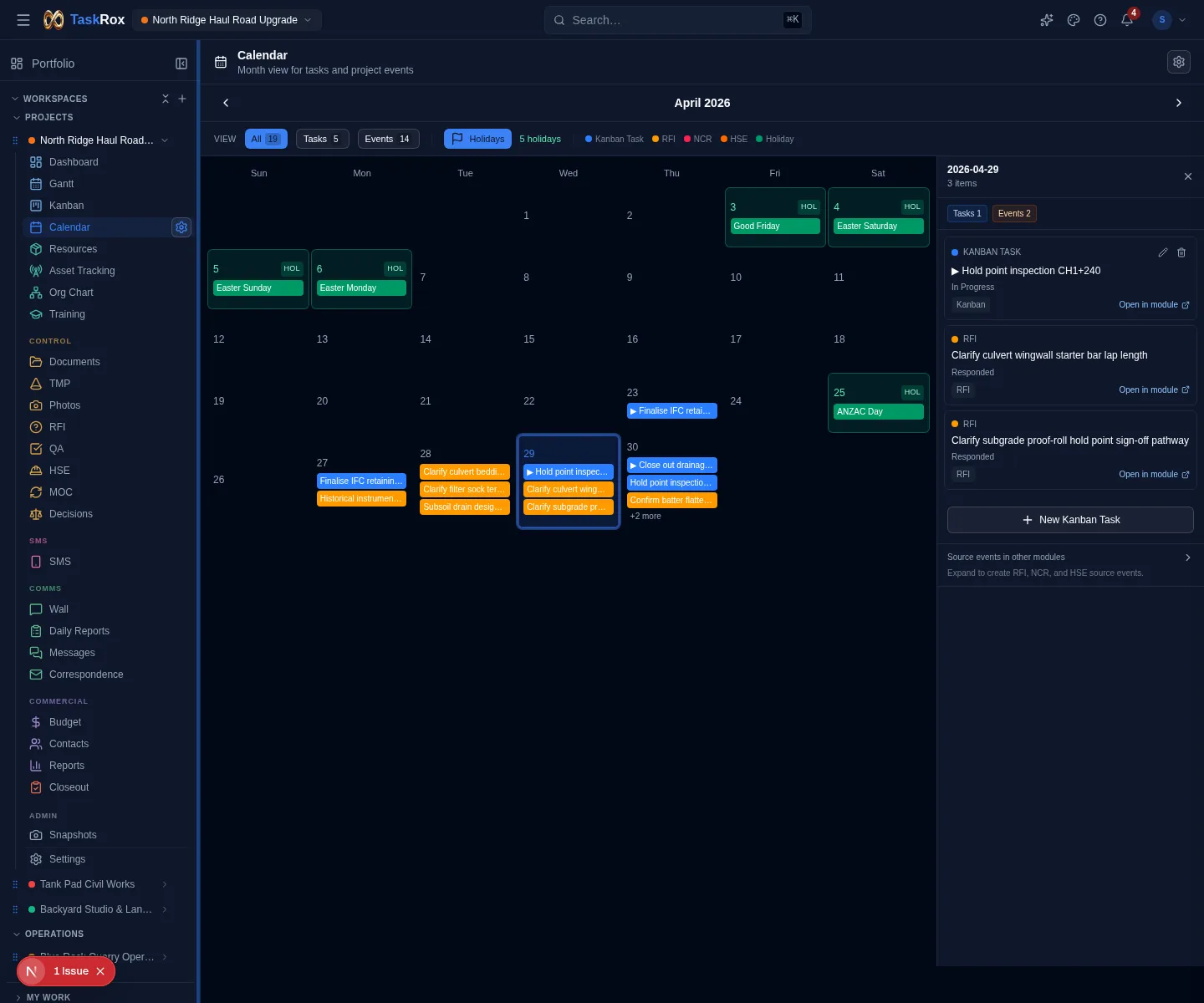 Current TaskRox Calendar module showing project tasks, RFIs, HSE items and holiday events in a monthly schedule view