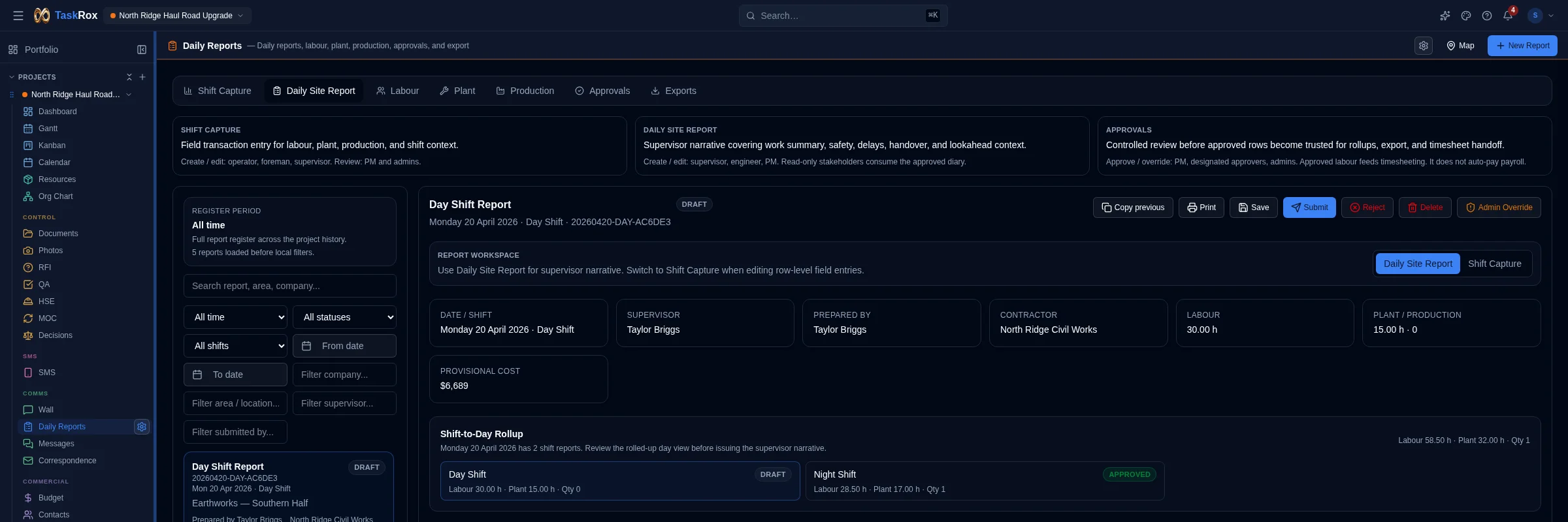 Daily Reports structured shift view with supervisor and contractor details, labour and plant entries, production quantities, delays, and approvals