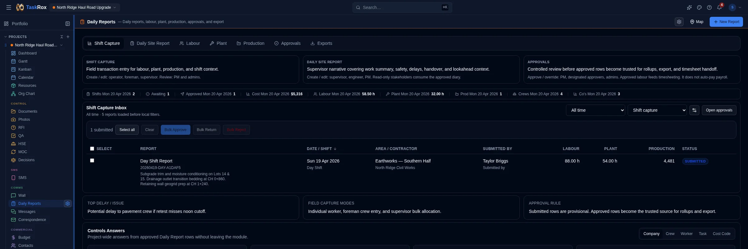 Site Diary narrative log view showing day context, conditions, events, chronology notes, delays and linked records