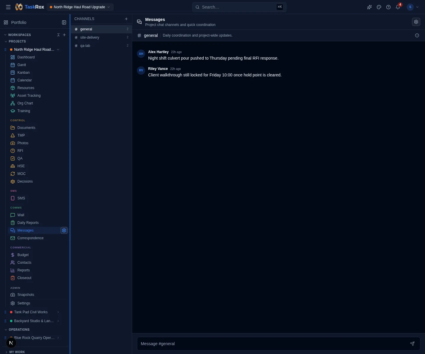 Current TaskRox Messages module showing project channels and team coordination messages inside the project workspace