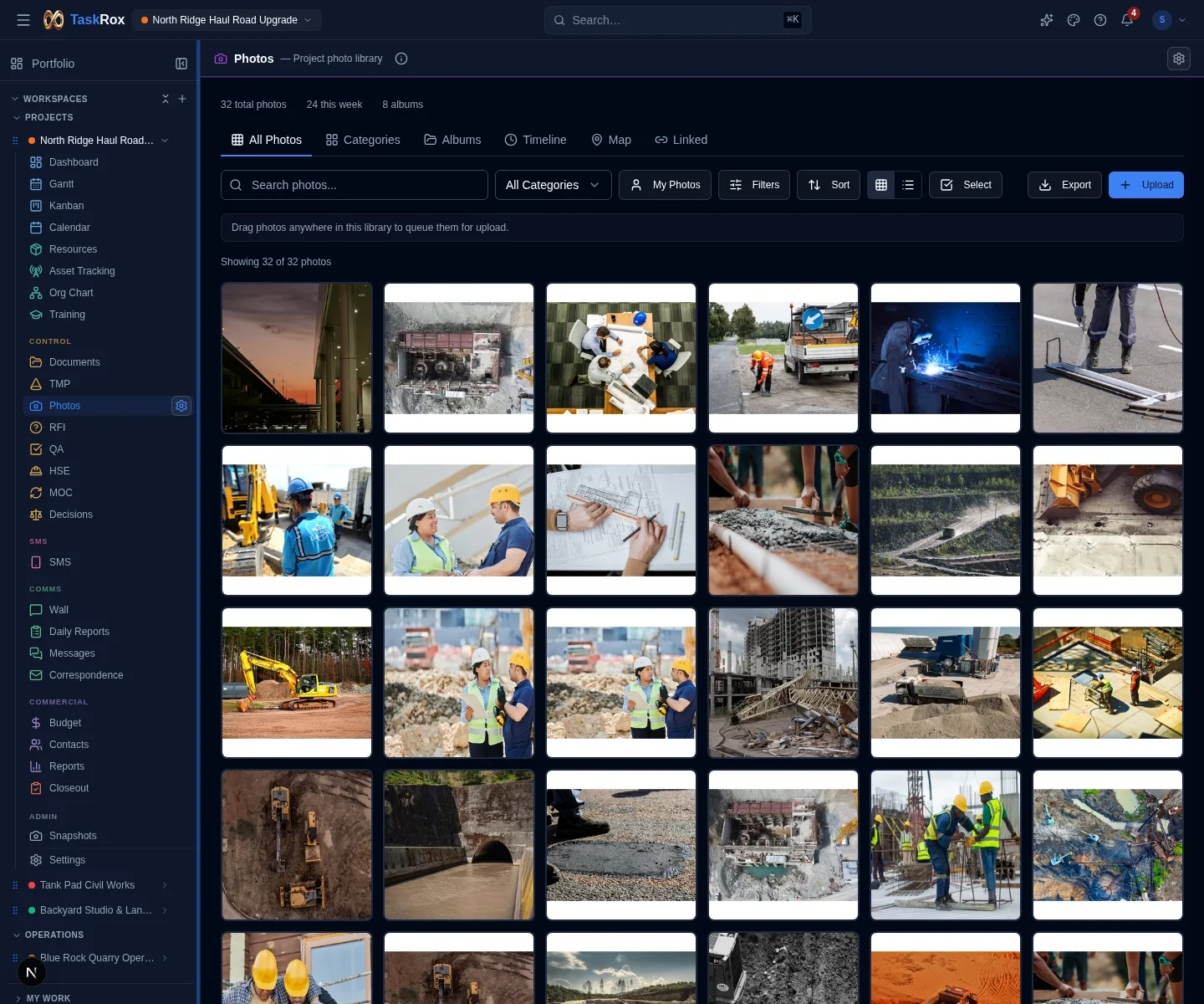 Current TaskRox Photos module showing a project photo library grid with albums, categories, timeline, map and linked record controls