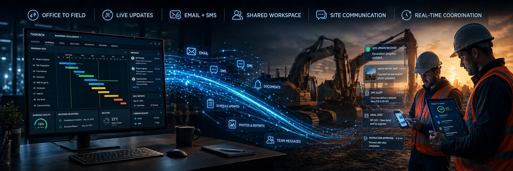 Gantt schedule on office monitor with data streaming to field workers on a construction site reviewing processed schedules, sorted tasks and ordered workflows on tablets beside an excavator