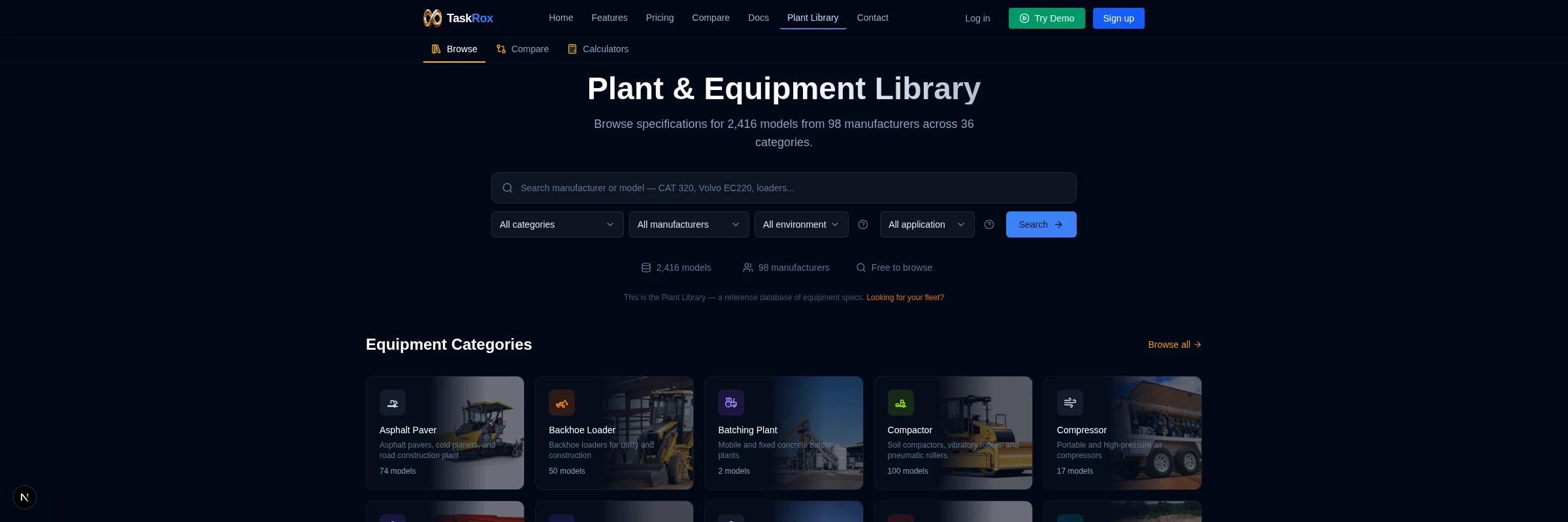 Plant Library browse page showing the Plant & Equipment Library with equipment categories grid including hydraulic excavators, wheel loaders, crawler dozers, mobile cranes and more across 36 categories from 98 manufacturers