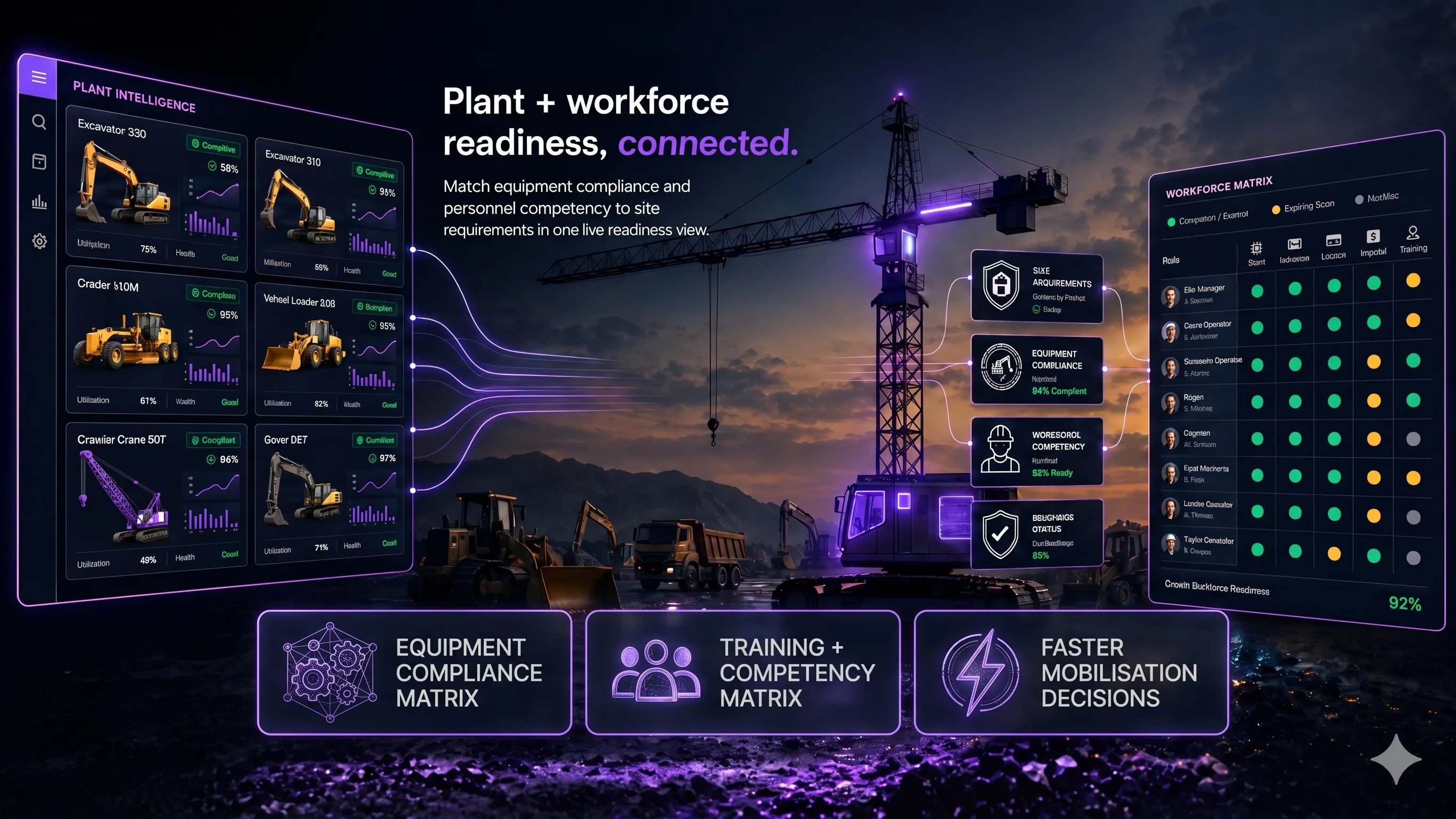 Plant and workforce assignment matrix showing equipment allocation, crew rostering and resource availability across project zones