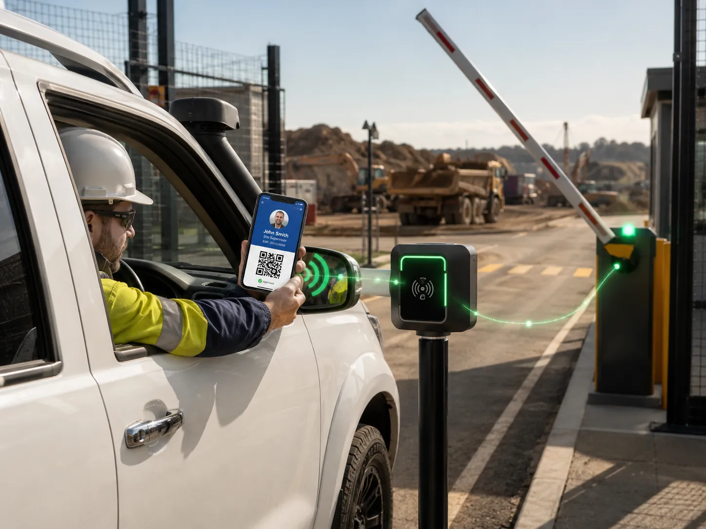 Worker in a light vehicle holding up a phone showing a TaskRox Site Pass QR code to a post-mounted scanner as the boom gate lifts to grant access, with haul trucks and a mine site in the background