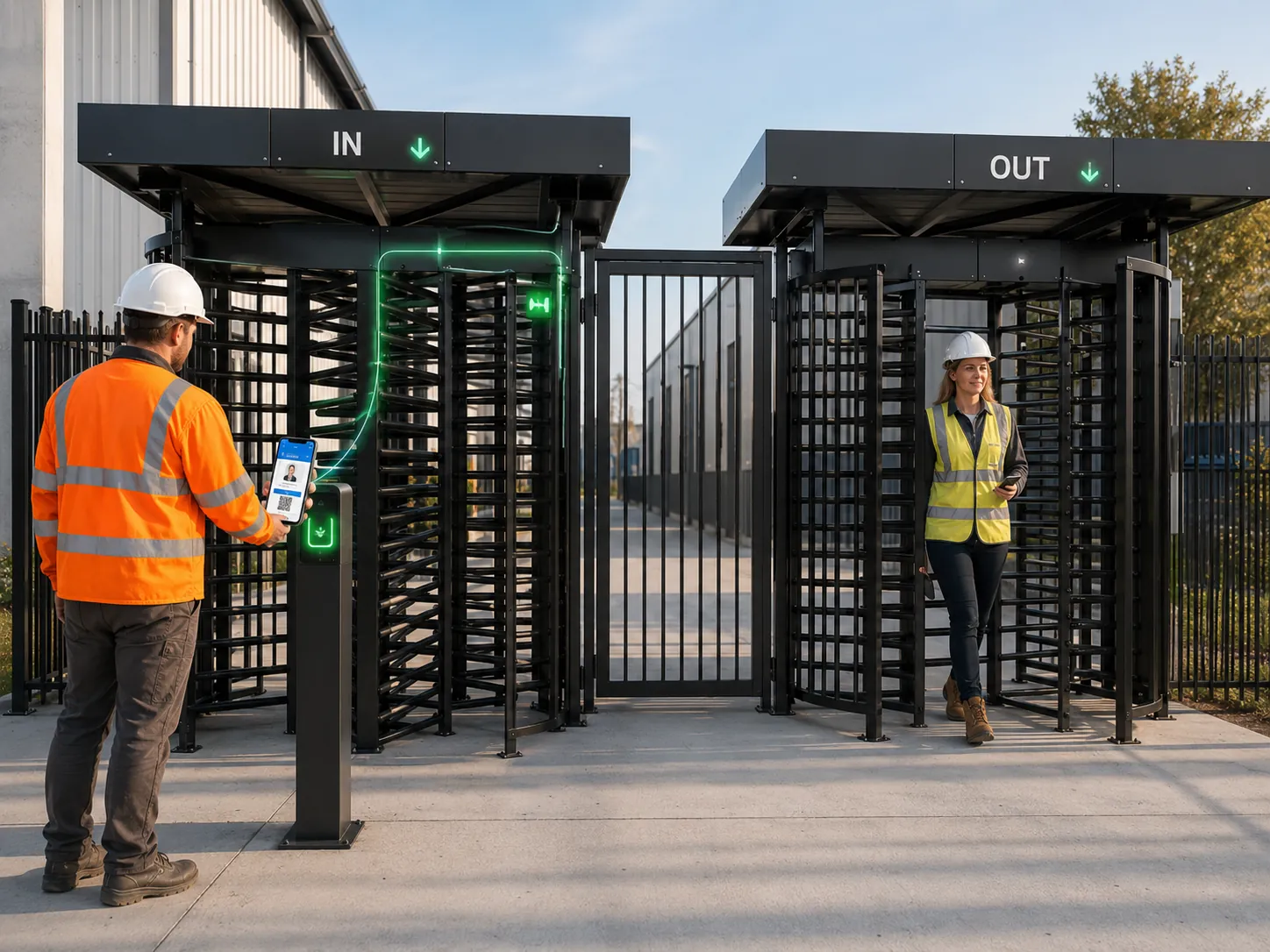 Construction worker in a hi-vis vest and hard hat tapping a phone showing a TaskRox Site Pass with QR code against a reader to pass through a full-height pedestrian turnstile with IN and OUT lanes at a site entrance