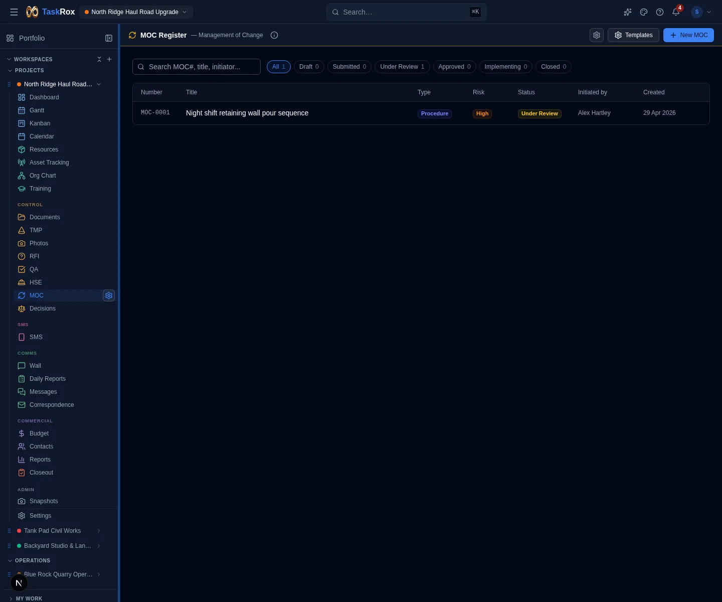 Current TaskRox MOC module showing managed change records, approval status and verification controls
