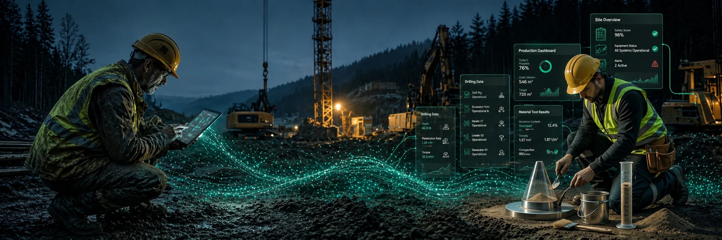 Two workers on a construction site at night performing field testing with soil samples and lab equipment, data streaming between tablet and site dashboard showing test results and compliance status